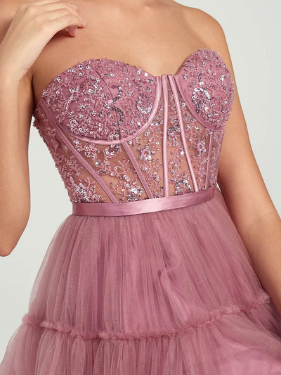 Carlyna High-Low Tiered Tulle Gown with Sweetheart Corset & Beaded Accents