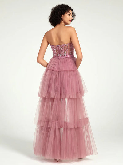 Carlyna High-Low Tiered Tulle Gown with Sweetheart Corset & Beaded Accents