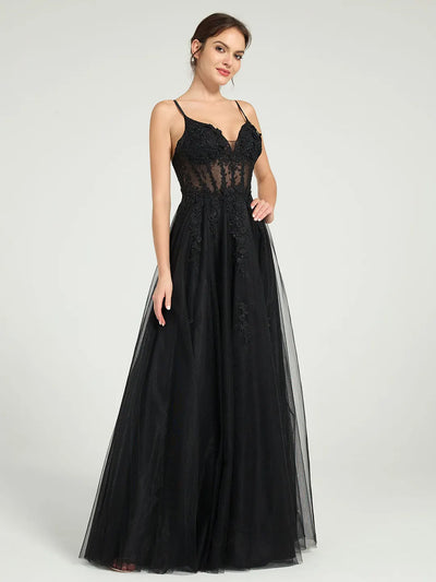 Carlyna Illusion Corset Bodice A-Line Tulle Prom Gown with Glitter Beading & Lace Appliqués