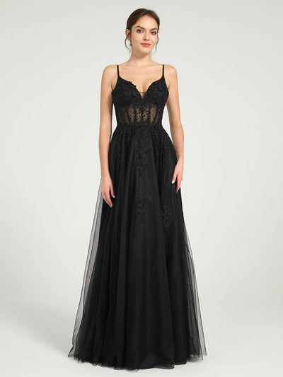 Carlyna Illusion Corset Bodice A-Line Tulle Prom Gown with Glitter Beading & Lace Appliqués