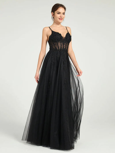 Carlyna Illusion Corset Bodice A-Line Tulle Prom Gown with Glitter Beading & Lace Appliqués