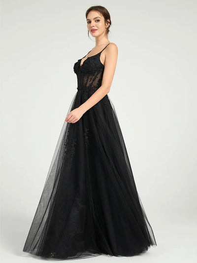 Carlyna Illusion Corset Bodice A-Line Tulle Prom Gown with Glitter Beading & Lace Appliqués