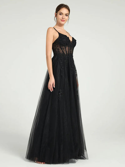 Carlyna Illusion Corset Bodice A-Line Tulle Prom Gown with Glitter Beading & Lace Appliqués