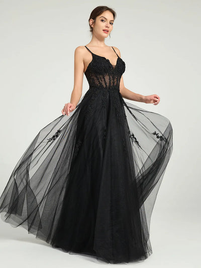 Carlyna Illusion Corset Bodice A-Line Tulle Prom Gown with Glitter Beading & Lace Appliqués