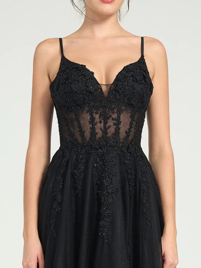 Carlyna Illusion Corset Bodice A-Line Tulle Prom Gown with Glitter Beading & Lace Appliqués