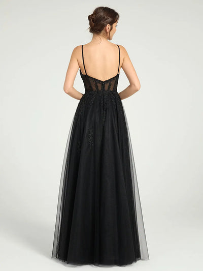 Carlyna Illusion Corset Bodice A-Line Tulle Prom Gown with Glitter Beading & Lace Appliqués