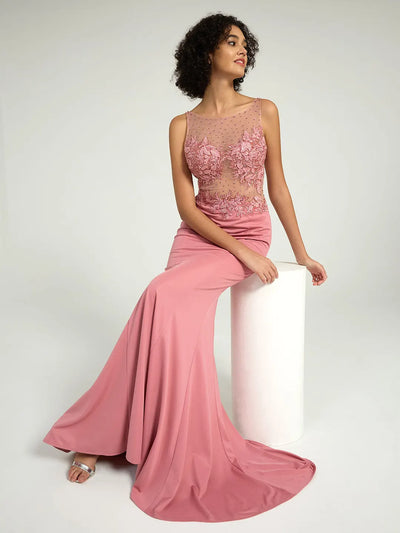 Carlyna Illusion Neckline Jersey Sheath Dress with Lace, Pearl, and Jewel Embellished Bodice