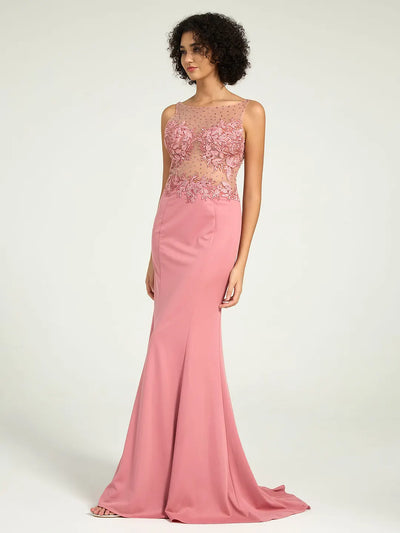 Carlyna Illusion Neckline Jersey Sheath Dress with Lace, Pearl, and Jewel Embellished Bodice