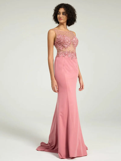 Carlyna Illusion Neckline Jersey Sheath Dress with Lace, Pearl, and Jewel Embellished Bodice