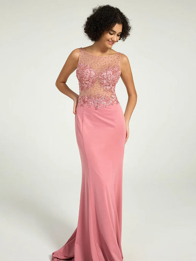 Carlyna Illusion Neckline Jersey Sheath Dress with Lace, Pearl, and Jewel Embellished Bodice