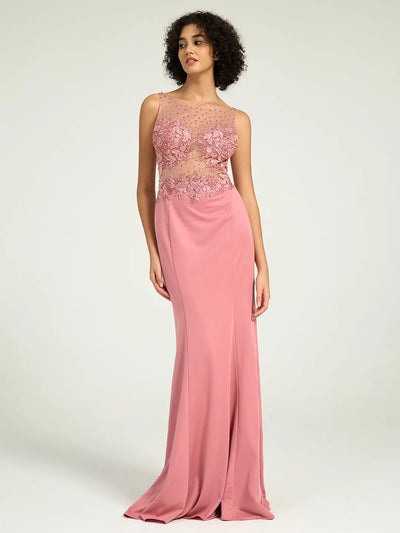 Carlyna Illusion Neckline Jersey Sheath Dress with Lace, Pearl, and Jewel Embellished Bodice
