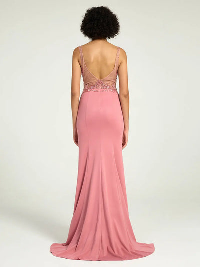 Carlyna Illusion Neckline Jersey Sheath Dress with Lace, Pearl, and Jewel Embellished Bodice