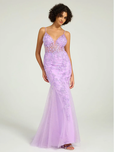 Carlyna V-Neck Lace-Up Mermaid Tulle Maxi Formal Prom Dress with Sequin Lace