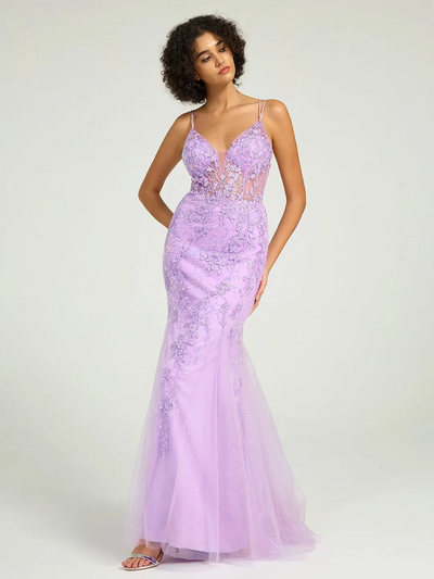 Carlyna V-Neck Lace-Up Mermaid Tulle Maxi Formal Prom Dress with Sequin Lace