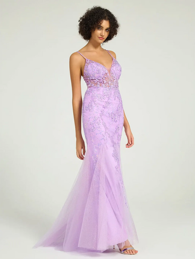 Carlyna V-Neck Lace-Up Mermaid Tulle Maxi Formal Prom Dress with Sequin Lace