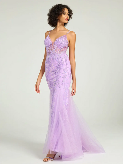 Carlyna V-Neck Lace-Up Mermaid Tulle Maxi Formal Prom Dress with Sequin Lace