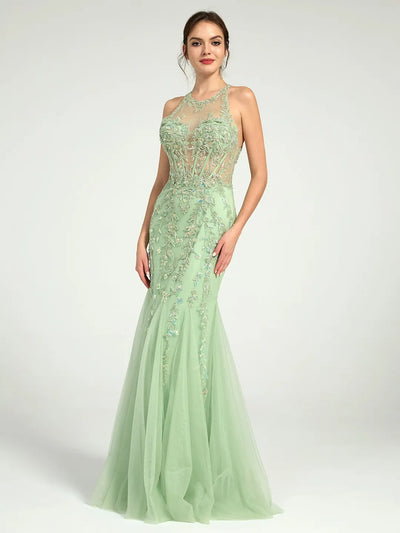 Carlyna Mermaid Illusion Corset Lace Appliqué Sequin Embellished Maxi Prom Dress