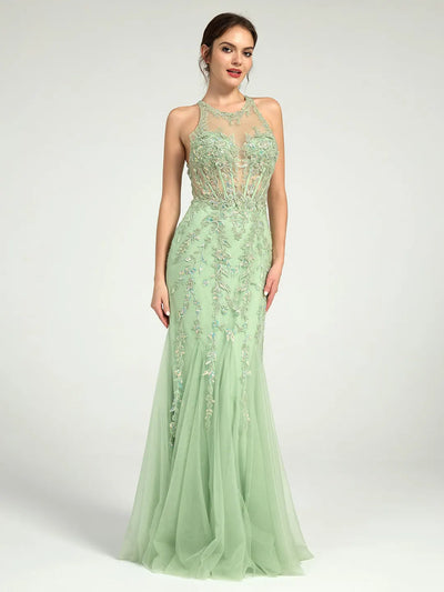 Carlyna Mermaid Illusion Corset Lace Appliqué Sequin Embellished Maxi Prom Dress