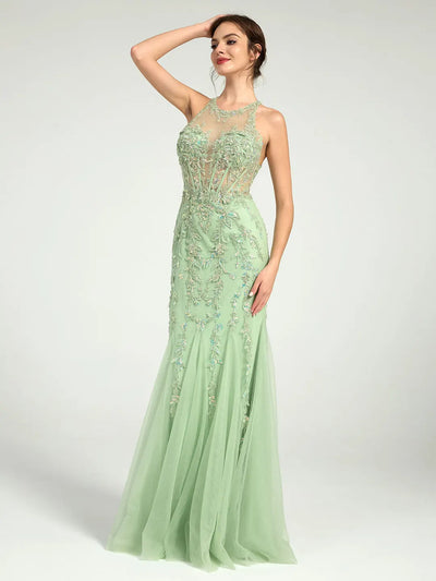 Carlyna Mermaid Illusion Corset Lace Appliqué Sequin Embellished Maxi Prom Dress