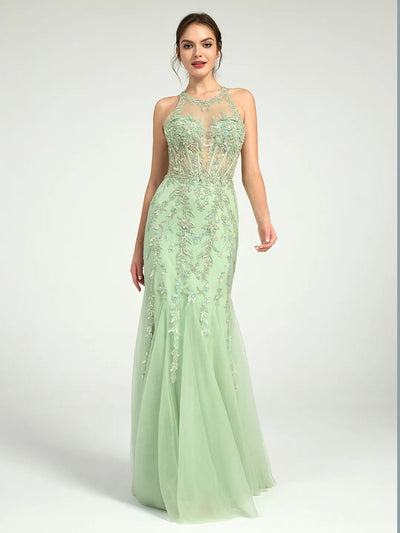 Carlyna Mermaid Illusion Corset Lace Appliqué Sequin Embellished Maxi Prom Dress