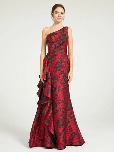 Carlyna Mermaid Ruffled One-Shoulder Floral Jacquard Formal Dress with Sweep Train