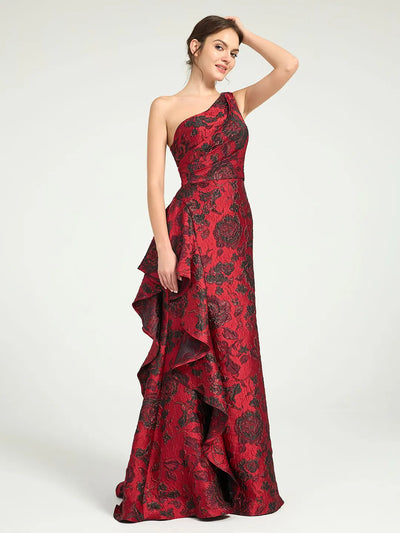 Carlyna Mermaid Ruffled One-Shoulder Floral Jacquard Formal Dress with Sweep Train