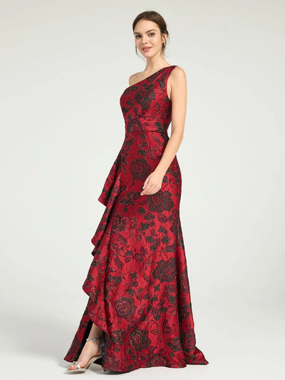 Carlyna Mermaid Ruffled One-Shoulder Floral Jacquard Formal Dress with Sweep Train