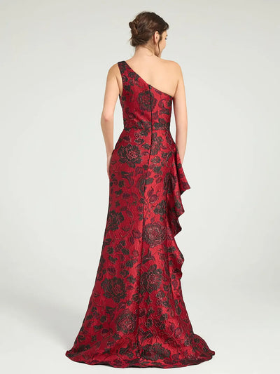 Carlyna Mermaid Ruffled One-Shoulder Floral Jacquard Formal Dress with Sweep Train