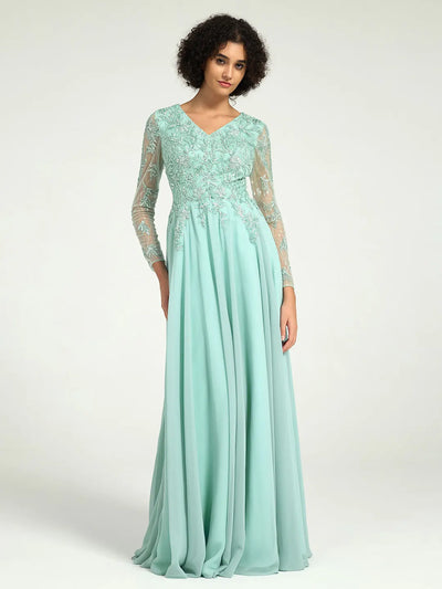 Carlyna Long-Sleeve Mother of the Bride Dress with Beaded Lace Accents