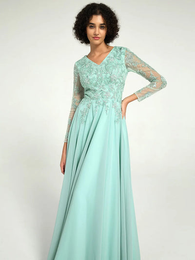 Carlyna Long-Sleeve Mother of the Bride Dress with Beaded Lace Accents