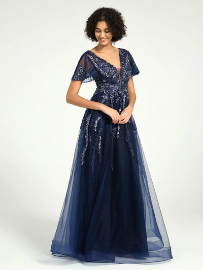 Carlyna A-Line Maxi Dress with Embroidered Lace and Deep V-Neck