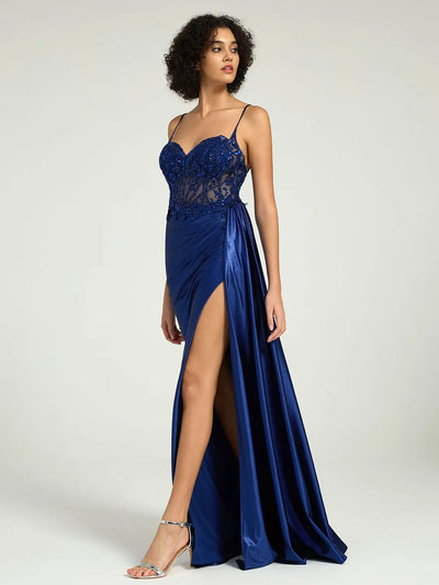 Carlyna Satin Sheath Gown with Sweetheart Neckline, Strappy Back, and High Leg Slit
