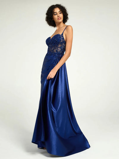 Carlyna Satin Sheath Gown with Sweetheart Neckline, Strappy Back, and High Leg Slit