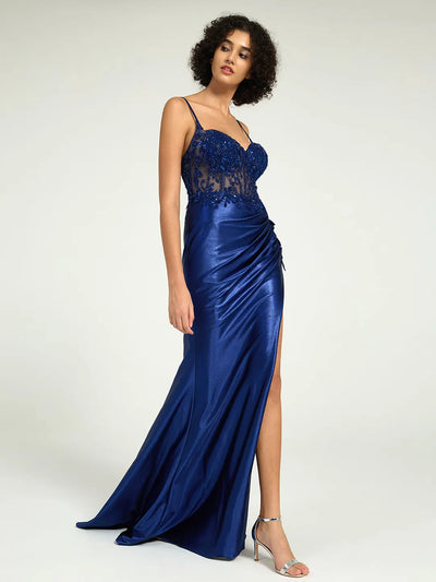 Carlyna Satin Sheath Gown with Sweetheart Neckline, Strappy Back, and High Leg Slit
