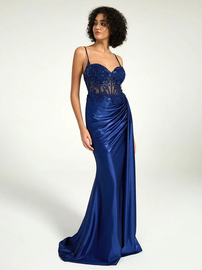 Carlyna Satin Sheath Gown with Sweetheart Neckline, Strappy Back, and High Leg Slit