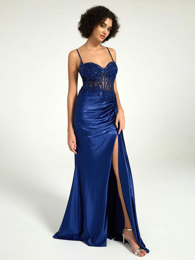 Carlyna Satin Sheath Gown with Sweetheart Neckline, Strappy Back, and High Leg Slit