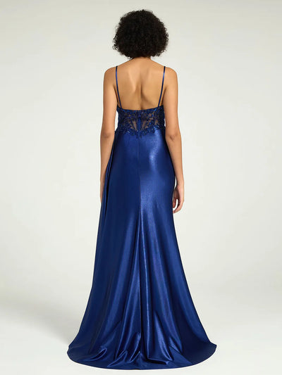 Carlyna Satin Sheath Gown with Sweetheart Neckline, Strappy Back, and High Leg Slit
