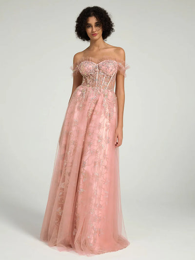Carlyna Off-the-Shoulder Floral Embellished A-Line Ball Gown
