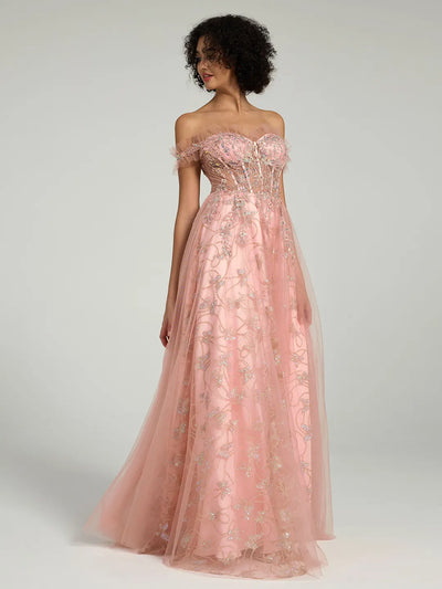 Carlyna Off-the-Shoulder Floral Embellished A-Line Ball Gown