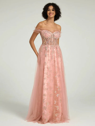 Carlyna Off-the-Shoulder Floral Embellished A-Line Ball Gown