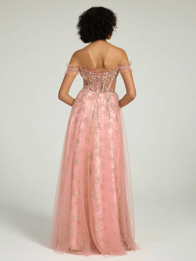 Carlyna Off-the-Shoulder Floral Embellished A-Line Ball Gown