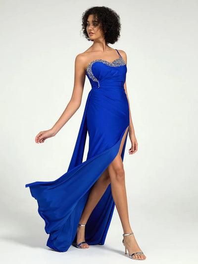 One Shoulder A-Line Sequin Embellished Prom Dress with Crystal Accents & Leg Slit