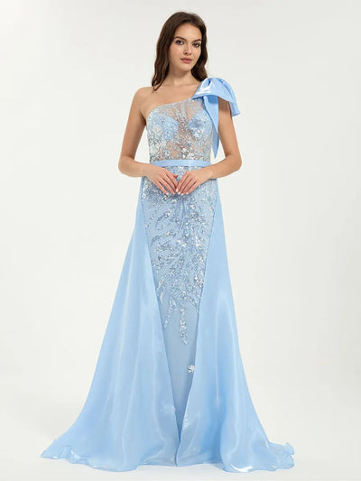 One Shoulder Glitter Sequin Mermaid Dress with Sheer Bodice & Removable Train