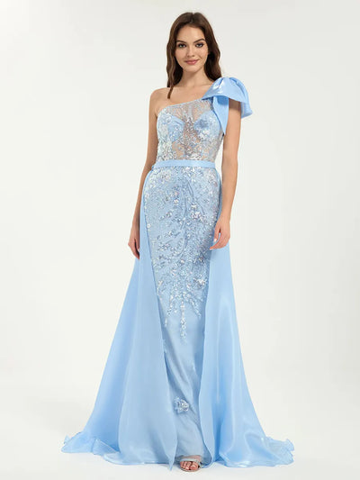 One Shoulder Glitter Sequin Mermaid Dress with Sheer Bodice & Removable Train