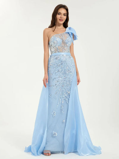 One Shoulder Glitter Sequin Mermaid Dress with Sheer Bodice & Removable Train