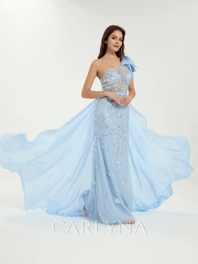 One Shoulder Glitter Sequin Mermaid Dress with Sheer Bodice & Removable Train