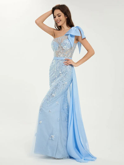 One Shoulder Glitter Sequin Mermaid Dress with Sheer Bodice & Removable Train