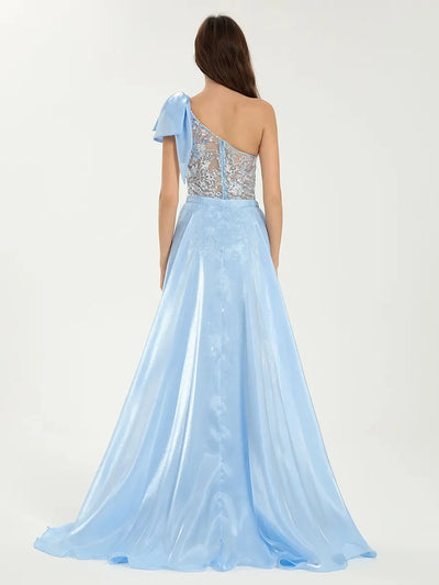 One Shoulder Glitter Sequin Mermaid Dress with Sheer Bodice & Removable Train