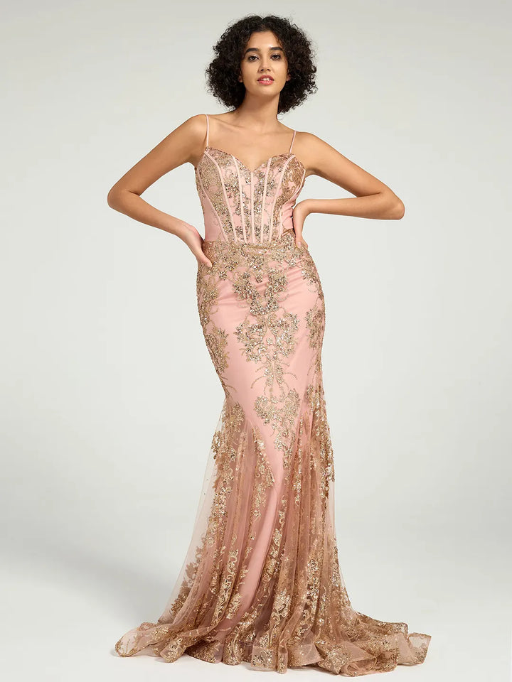 Stunning Pink Corset Prom Dress with Rose Gold Glitter | Long Formal Fit & Flare Gown Carlyna UK 153.00 Stunning Pink Corset Prom Dress with Rose Gold Glitter | Long Formal Fit & Flare Gown Carlyna UK 153.00