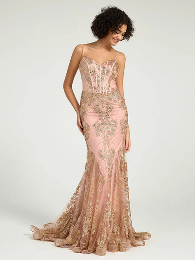 Carlyna Long Fit & Flare Corset Prom Dress with Rose Gold Glitter Print